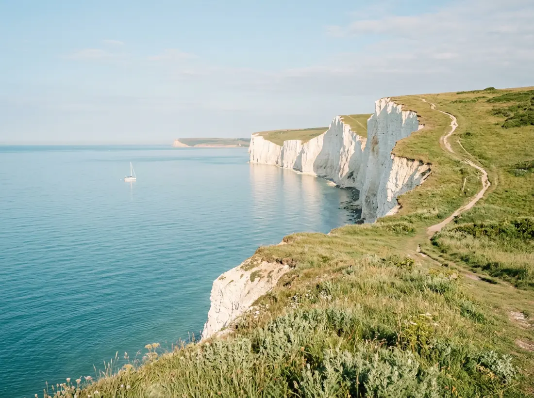 A peaceful English coastline with chalk cliffs and calm blue sea